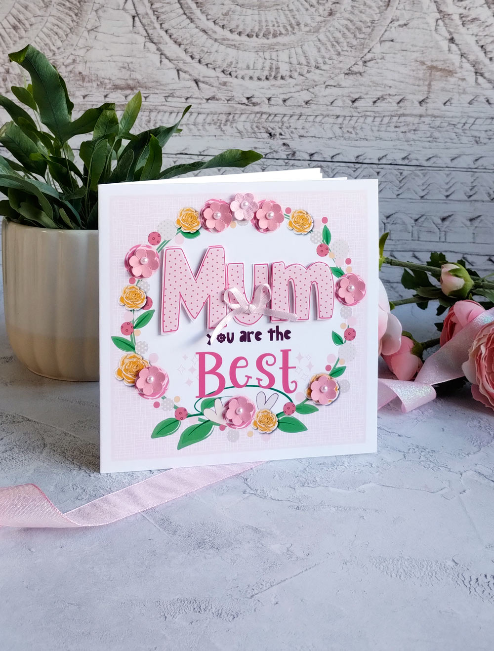 Pink Handmade Mother's Day Card with a Floral Wreath and pearl embellishments