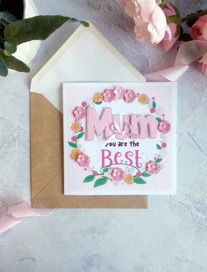 Pink Handmade Mother's Day Card with a Floral Wreath and pearl embellishments