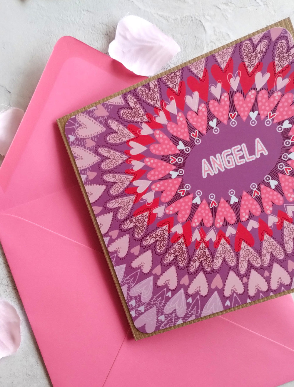 Lavender Love heart pattern design greeting card with pink envelope