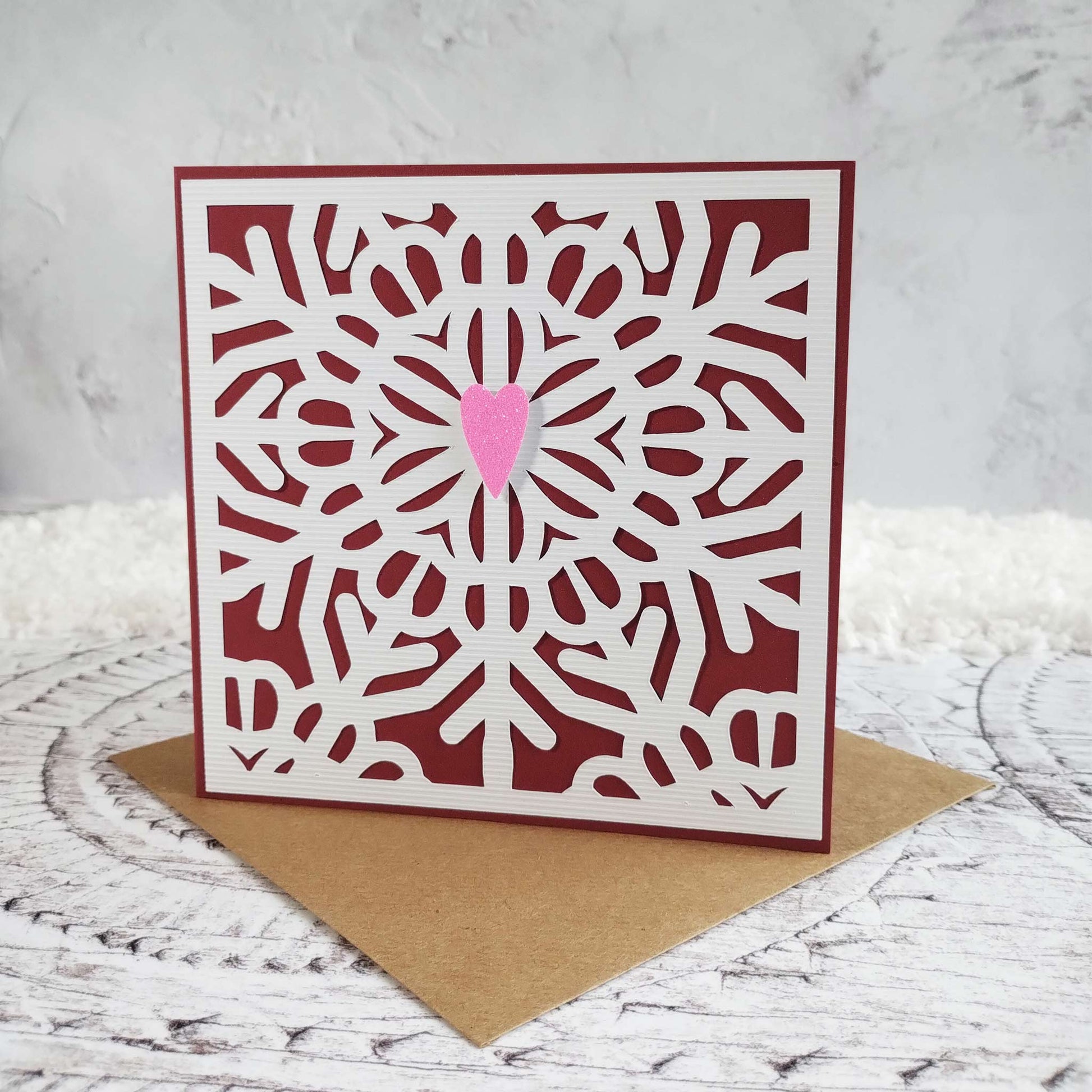 Recycled Snowflake Fluorescent Pink Glitter Heart Christmas Card with Recycled Kraft Envelope