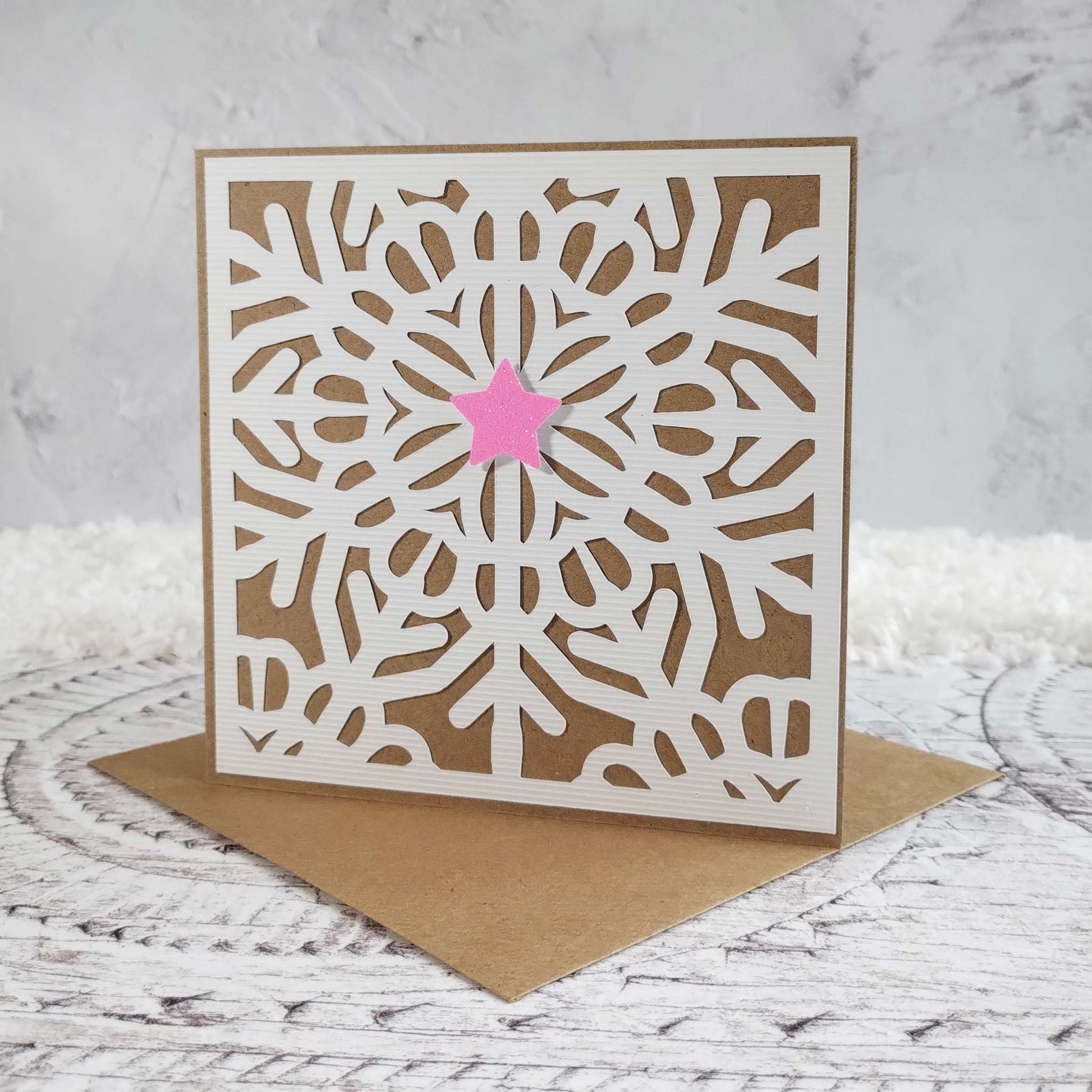 Recycled Snowflake Fluorescent Pink Glitter Star Christmas Card with Recycled Kraft Envelope