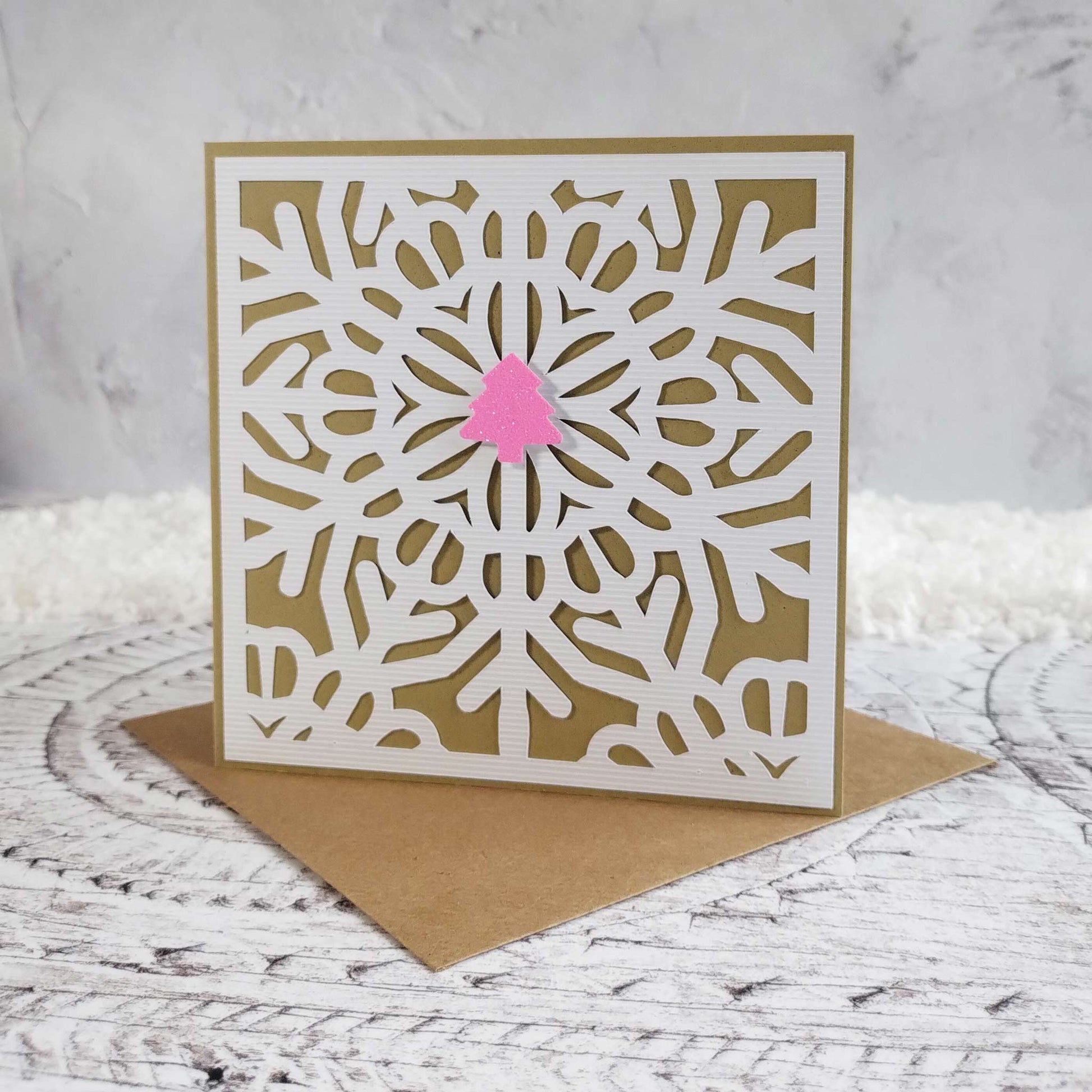 Recycled Snowflake Fluorescent Pink Glitter Tree Christmas Card with Recycled Kraft Envelope