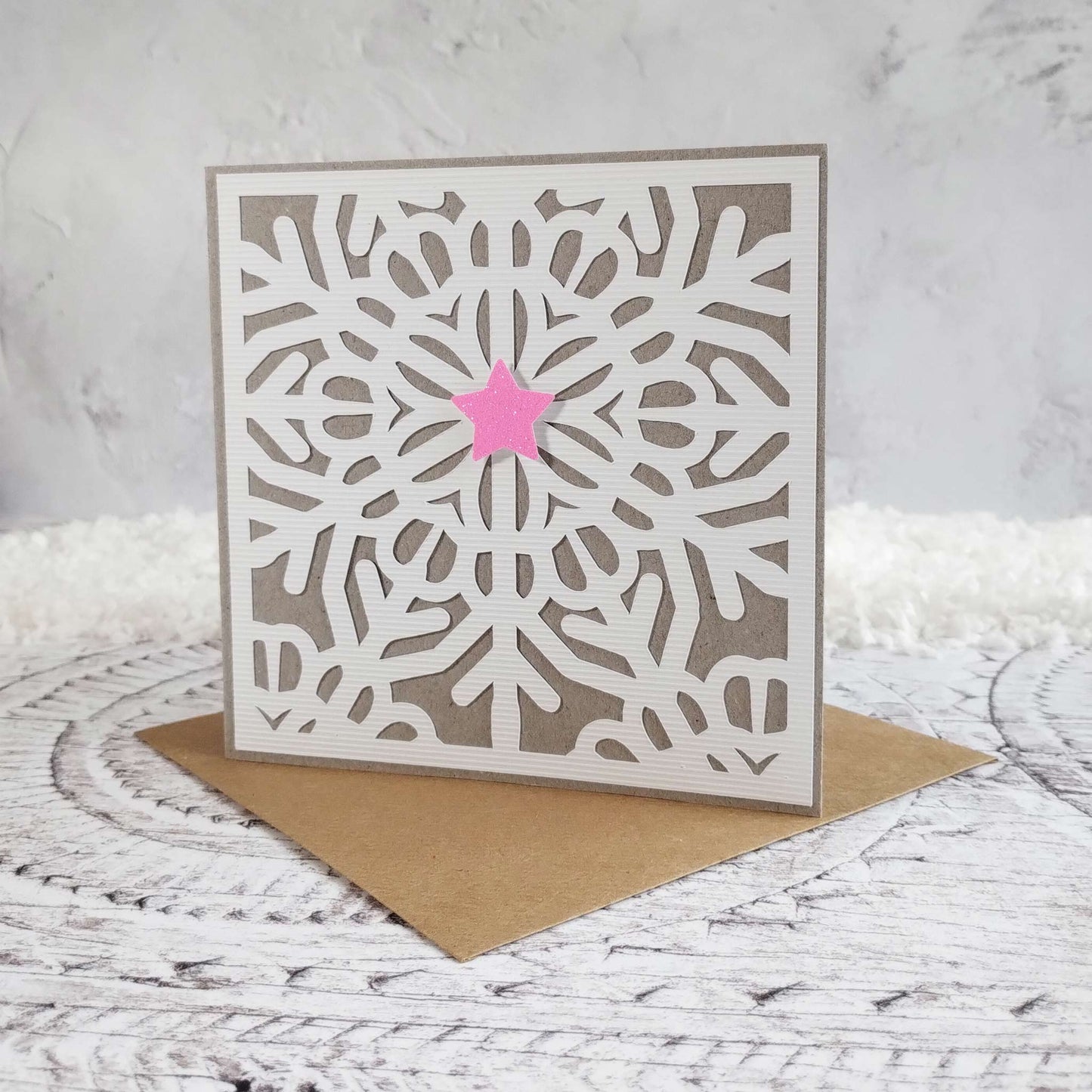 Recycled Snowflake Fluorescent Pink Glitter Star Christmas Card with Recycled Kraft Envelope