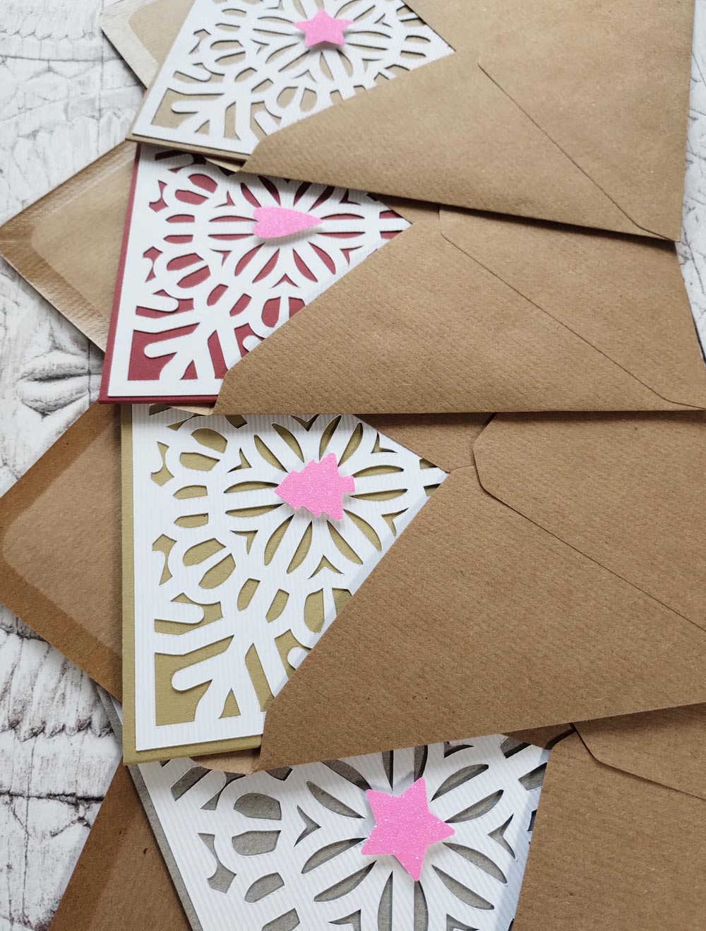 Recycled Snowflake Fluorescent Pink Glitter accented Christmas Card with Recycled Kraft Envelopes