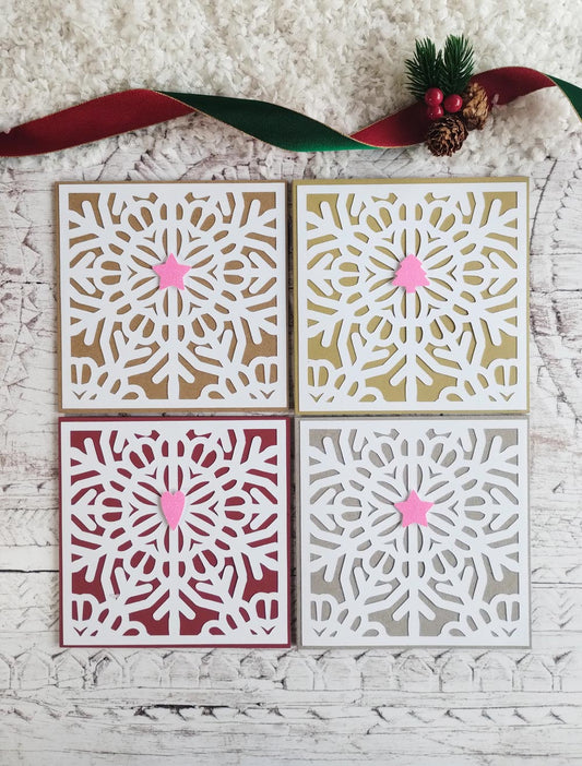 Recycled Snowflake Fluorescent Pink Glitter accented Christmas Card