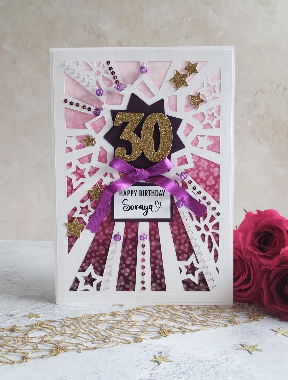 Personalised Starburst berry hand sewn milestone birthday card