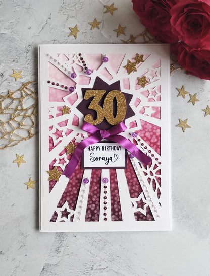 Personalised Starburst berry hand sewn milestone birthday card