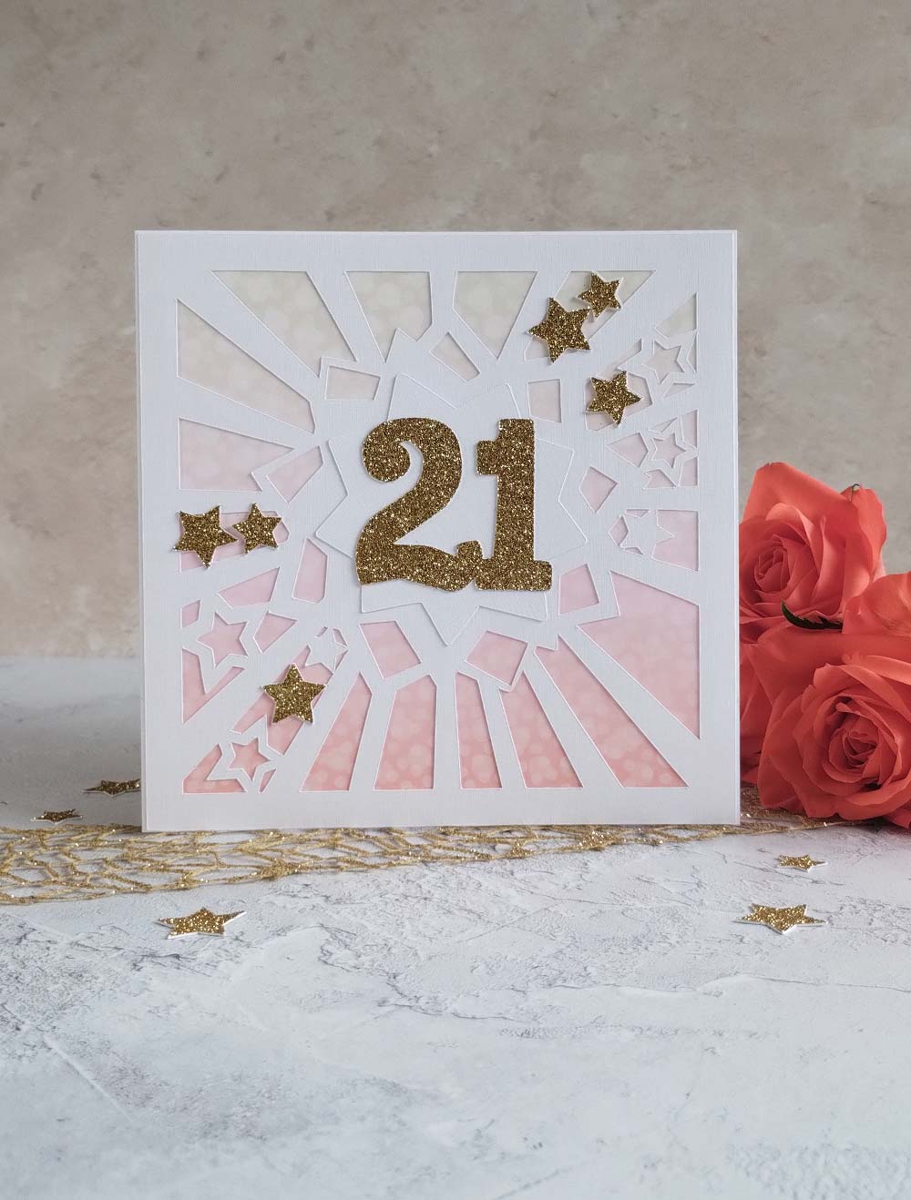 Sparkles coral milestone birthday greeting card