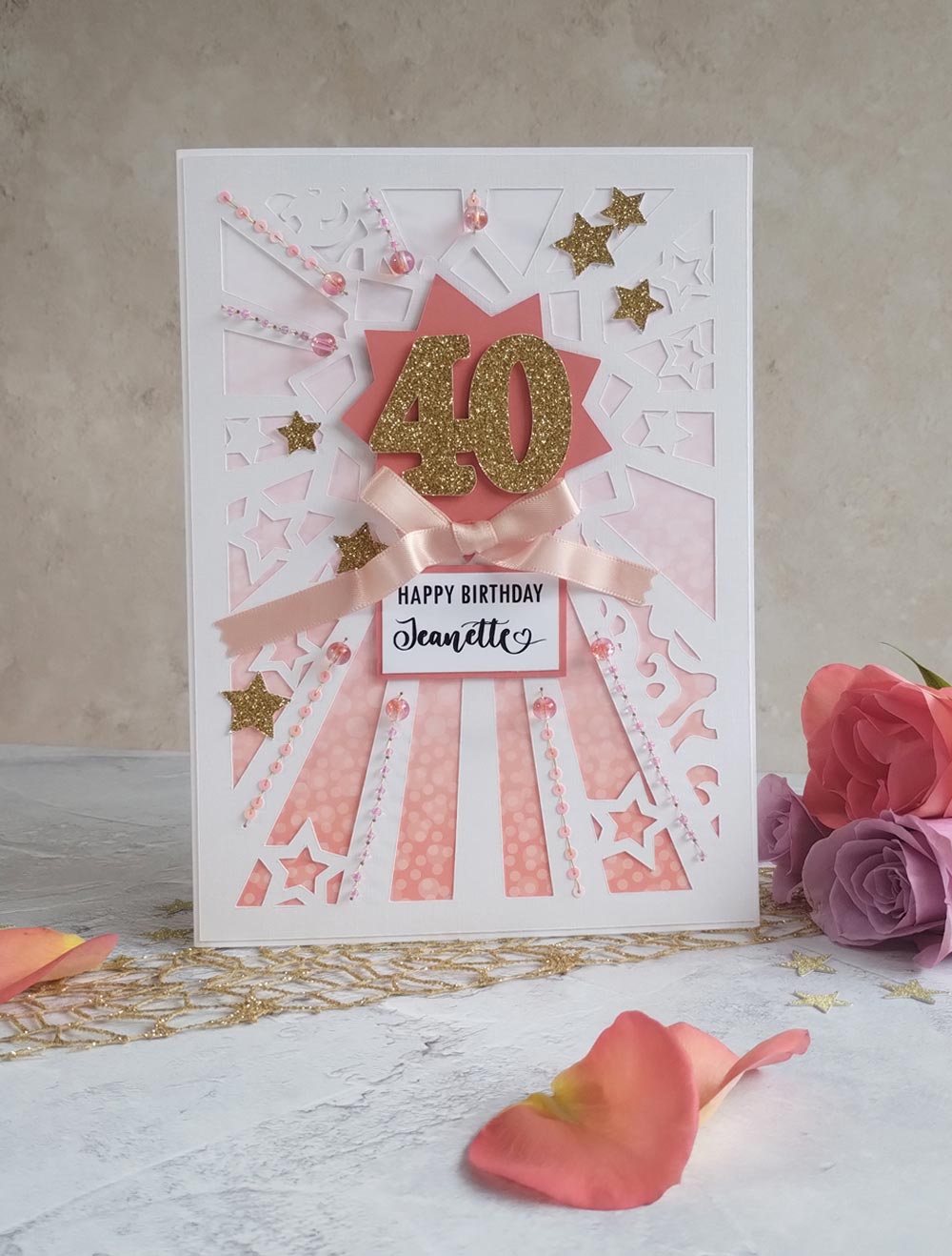 Personalised Starburst coral hand sewn milestone birthday card