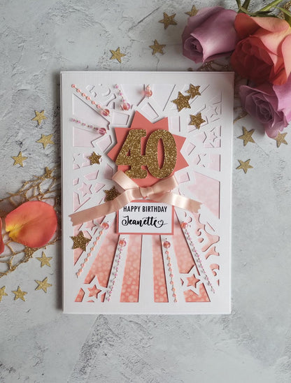 Personalised Starburst coral hand sewn milestone birthday card