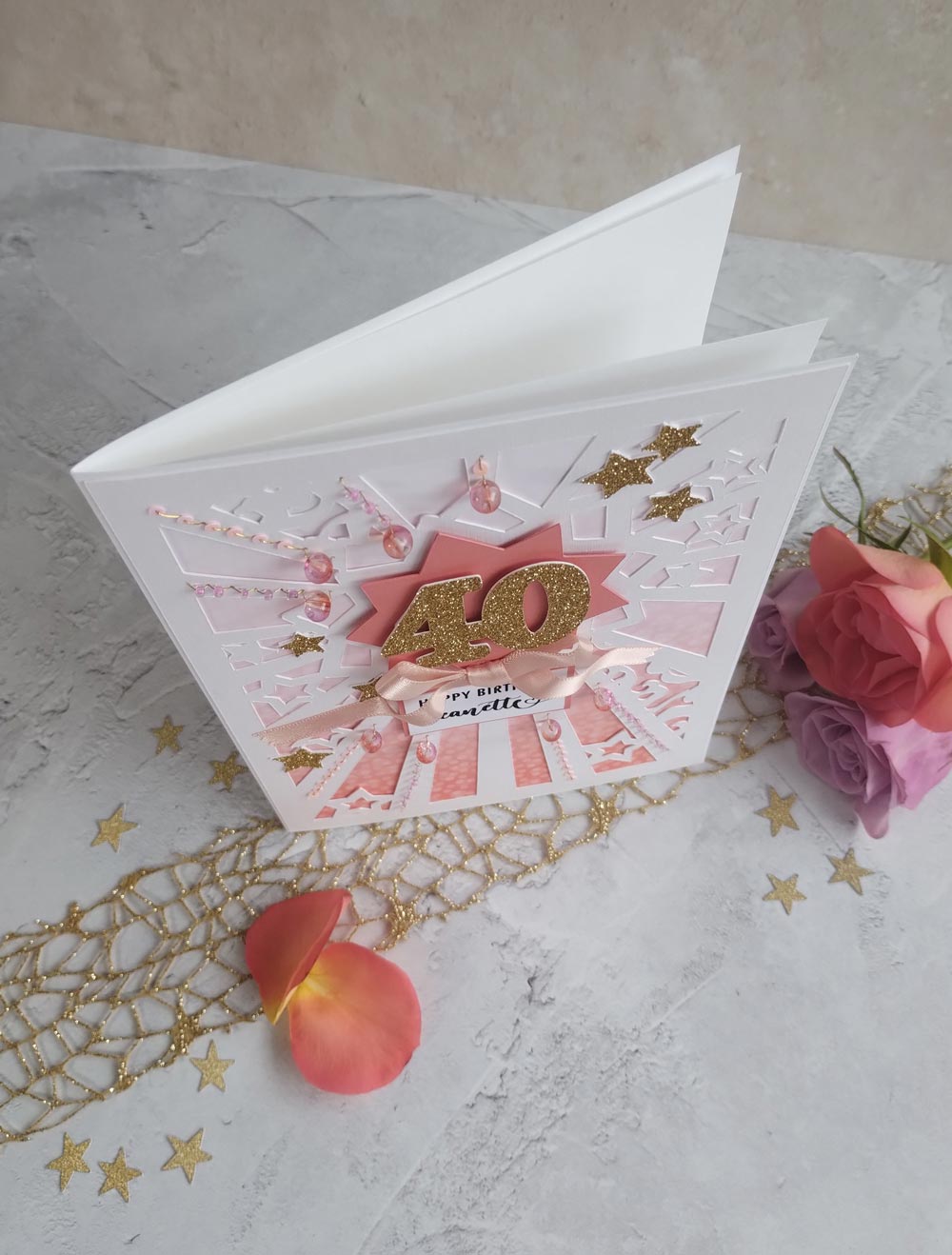 Personalised Starburst coral hand sewn milestone birthday card