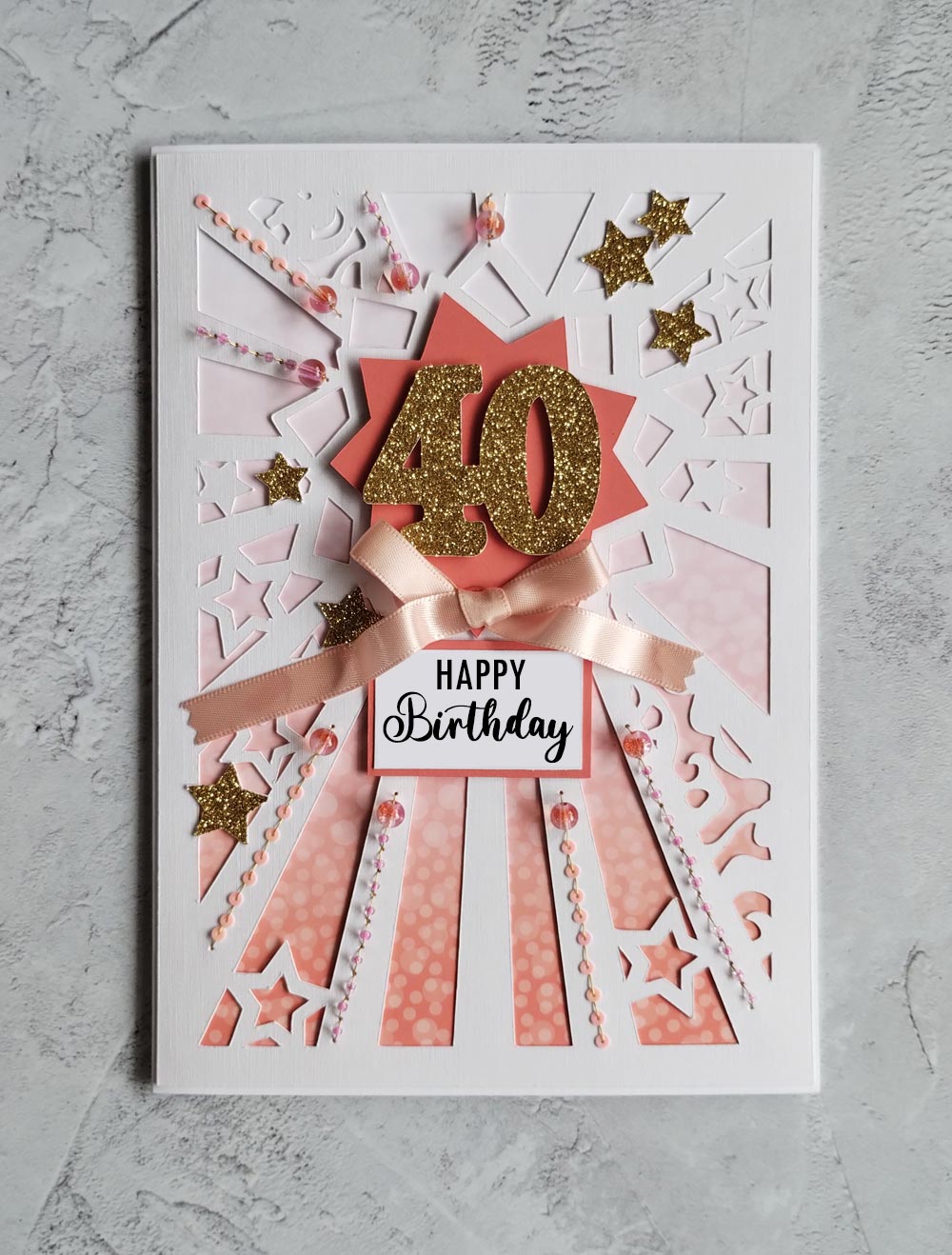 Personalised Starburst coral hand sewn milestone birthday card