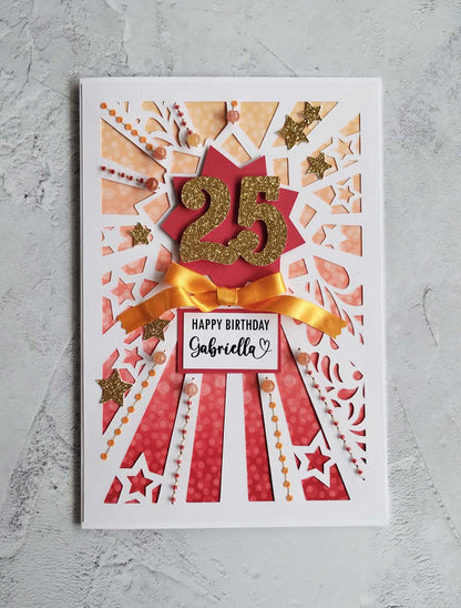 Personalised Starburst Hand sewn Milestone Rhubarb  Birthday Card