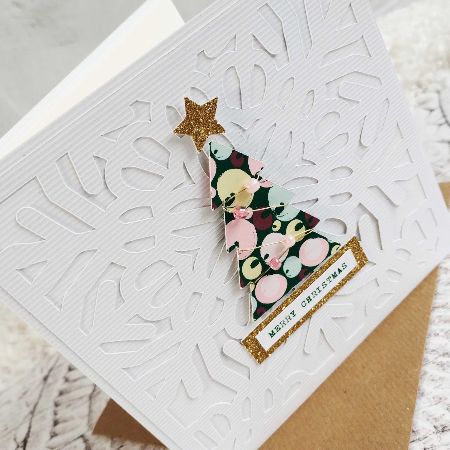 Wired beaded handmade Christmas Tree Card with recycled Kraft envelope