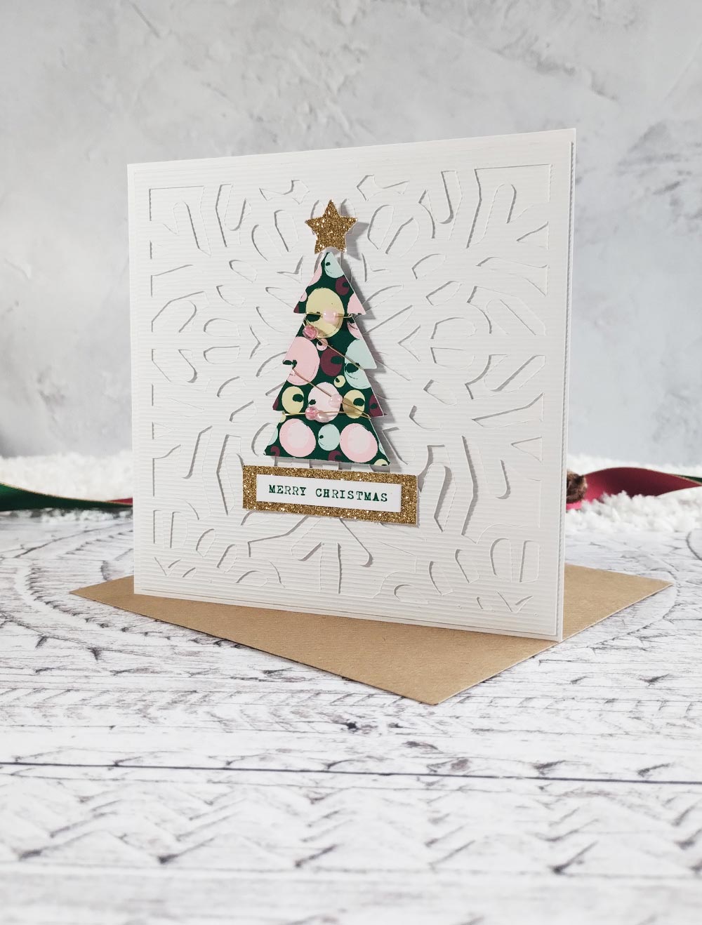 Wired beaded handmade Christmas Tree Card with recycled Kraft envelope