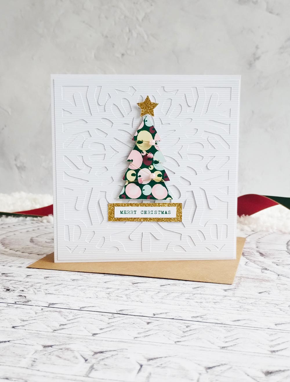 Wired beaded handmade Christmas Tree Card with recycled Kraft envelope