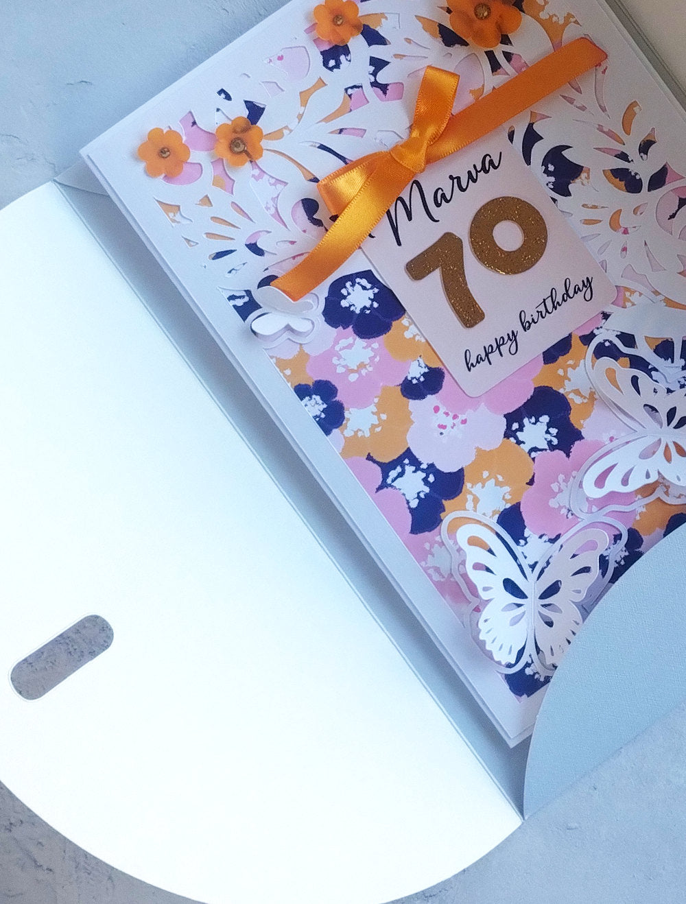 Colorful birthday card with floral patterns, a ribbon, and 'Happy Birthday' text on a white butterfly envelope.