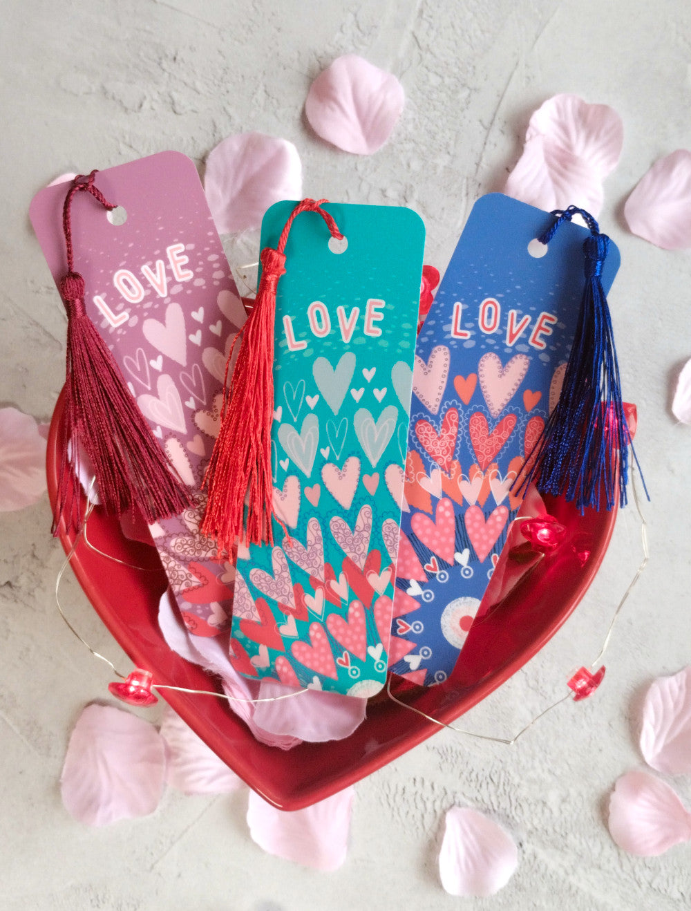 Sky High Bookmark Trio. Lavender, Teal and Azure Love colours with matching tassels