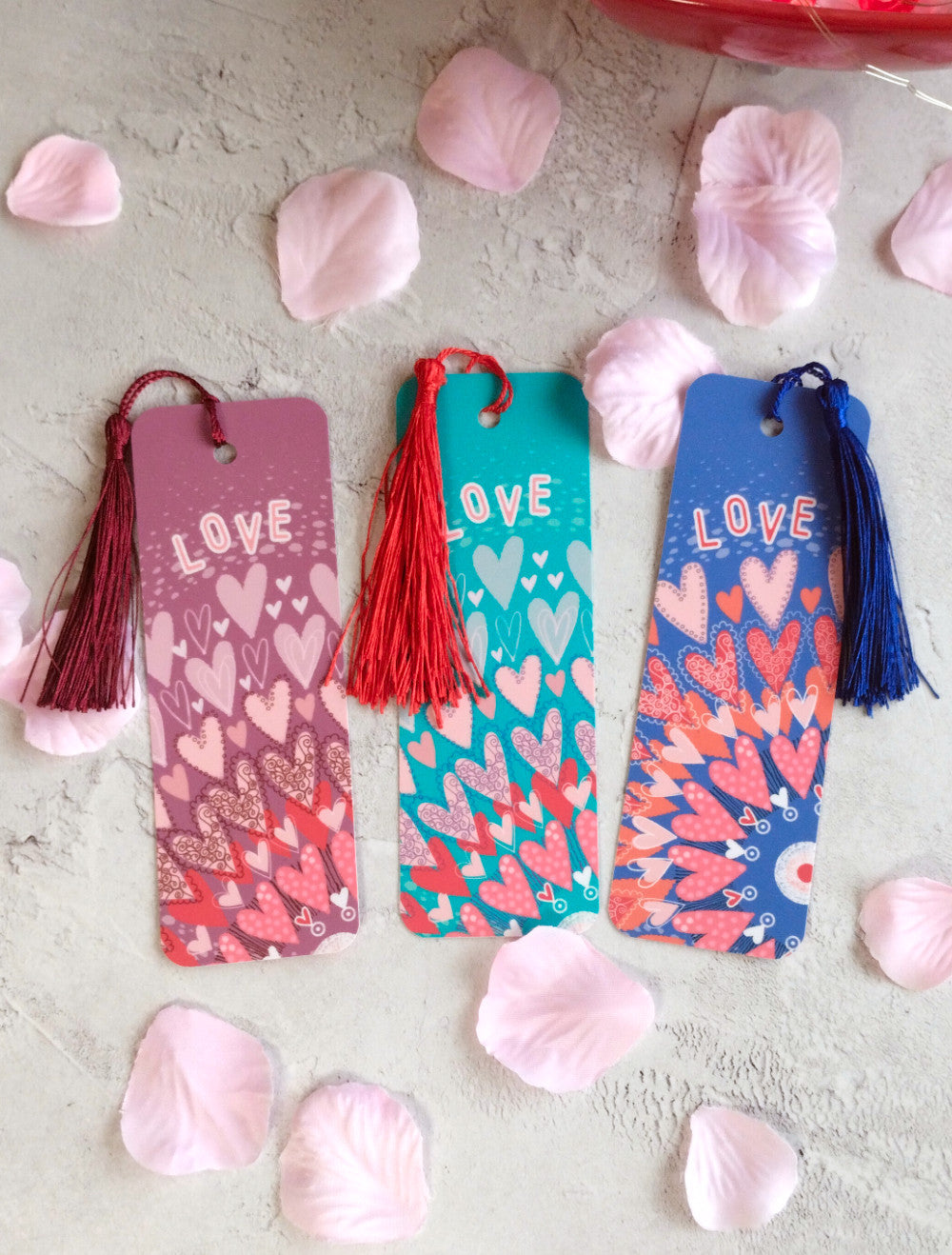 Sky High Bookmark Trio. Lavender, Teal and Azure Love colours with matching tassels