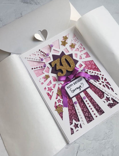 Personalised Starburst berry hand sewn milestone birthday card with butterfly envelope