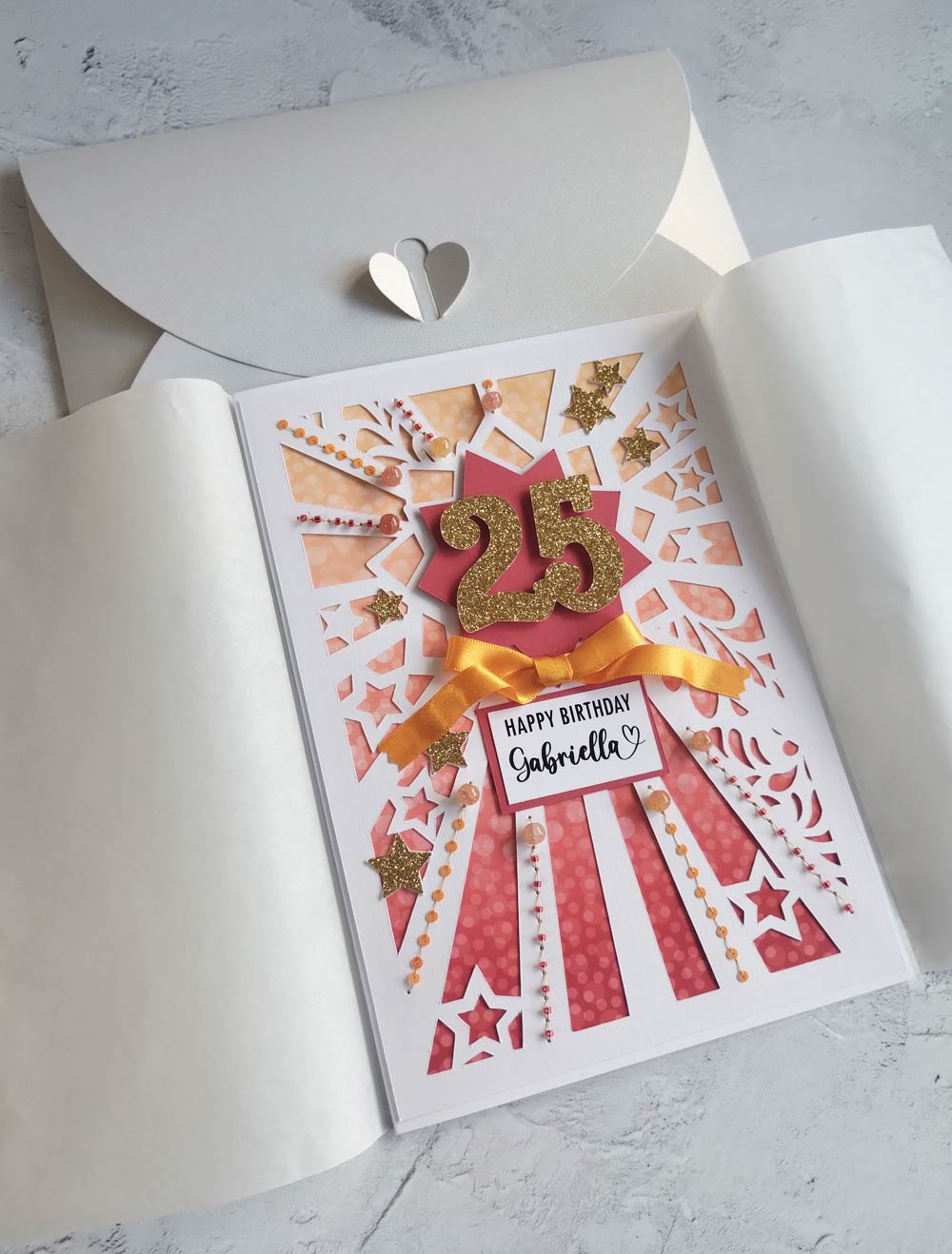 Personalised Starburst Hand sewn Milestone Rhubarb  Birthday Card with Butterfly Envelope