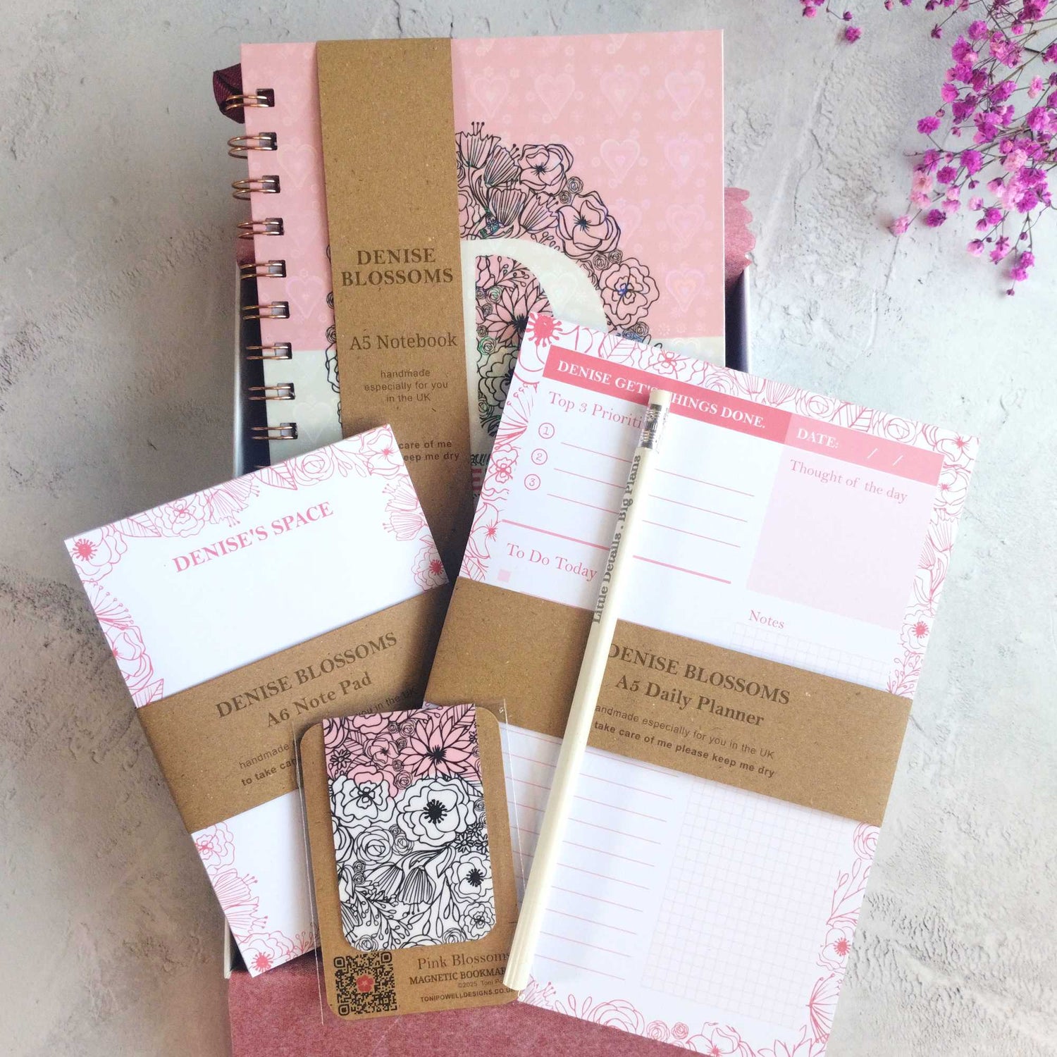 Gift box of handmade floral notebook, planner pad, notepad, bookmark and pencil