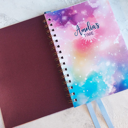The Dream Space open A5 notebook with peaarlescent maroon inner cover and printed inner page