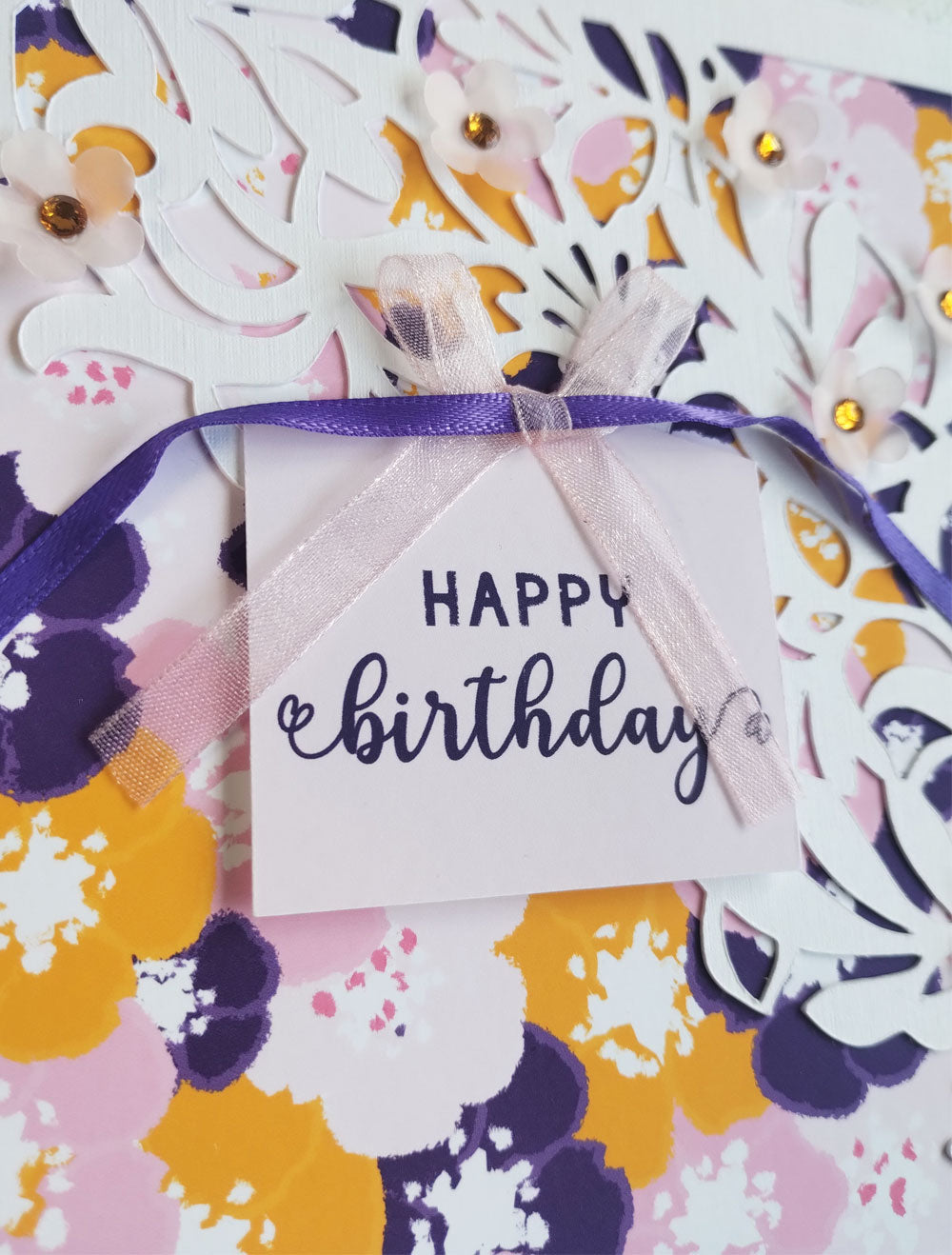 Floral Handmade Birthday greeting  card zoom- blossoms indigo design