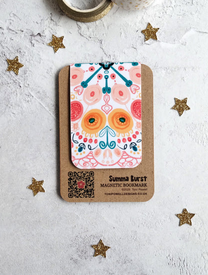 Summa Burst Magnetic bookmark with bright colourful pattern design on a textured surface with decorative stars