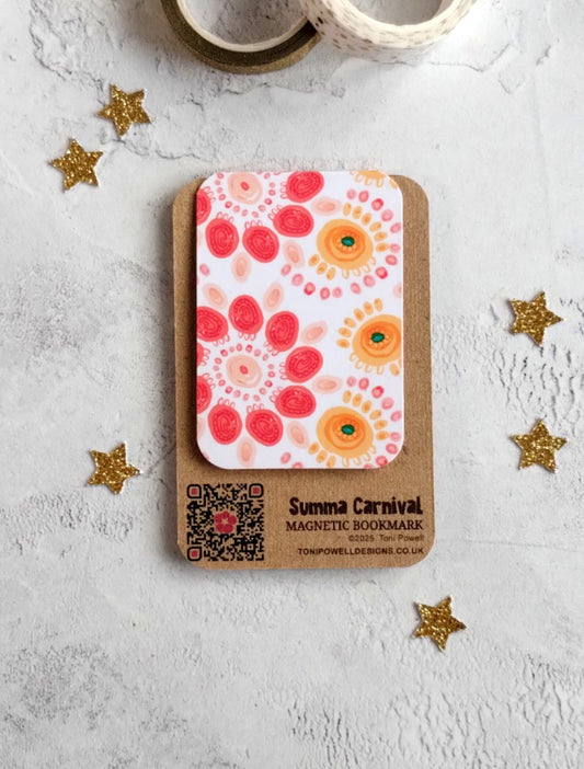 Summa Carnival Magnetic bookmark with bright colourful pattern design on a textured surface with decorative stars