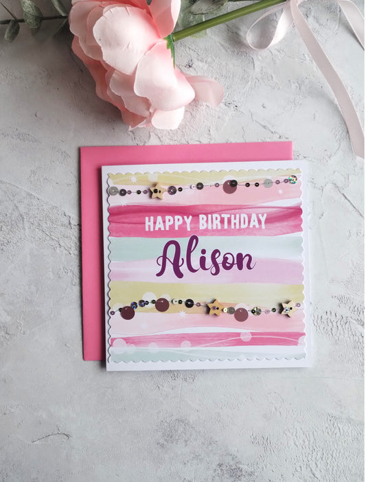 Personalised colourful birthday card with handsewn sequins and wooden stars