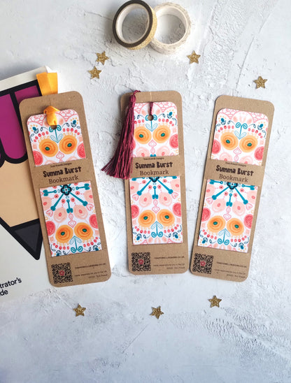 Three handmade patterned bookmarks from the Summa Burst range with decorative background stars and washi tape