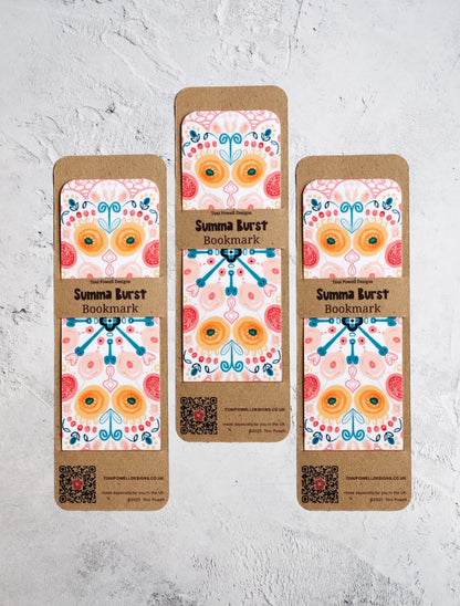 Summa Burst classic set of three bookmarks with colourful designs on a textured white background