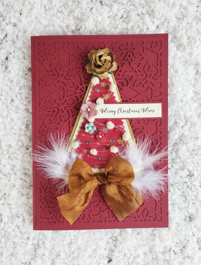 A5 Luxury Personalised Red Fabric Christmas Tree Card