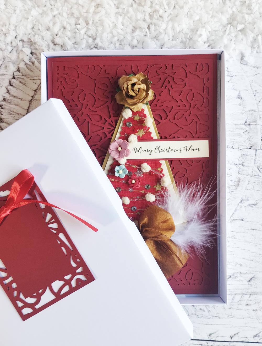 A5 Luxury Personalised Red Fabric Christmas Tree Card  with Gift box