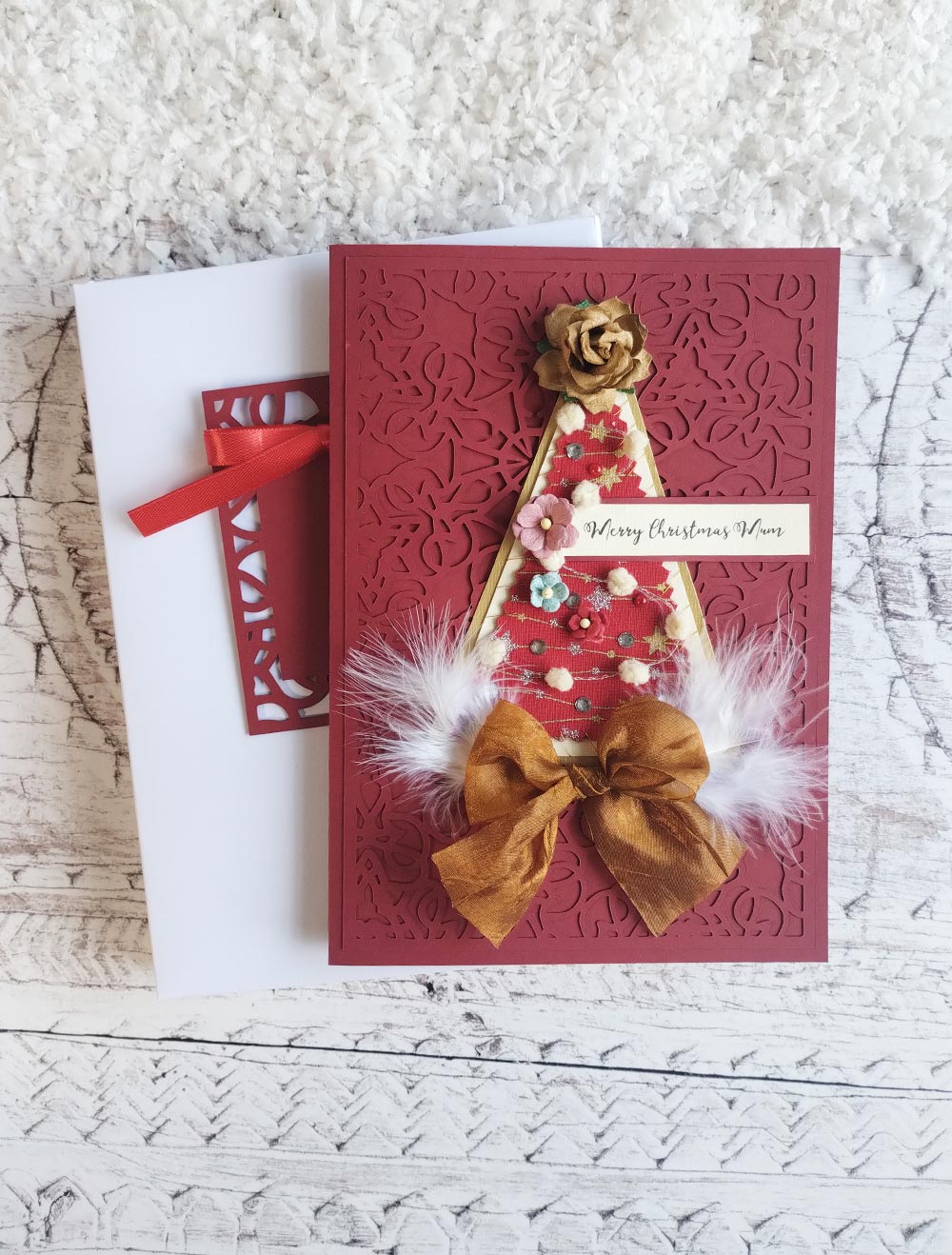 A5 Luxury Personalised Red Fabric Christmas Tree Card  with Gift Box